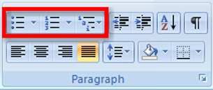 This graphic shows the Bullets, Numbering, and Multilevel List buttons.