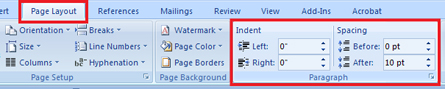 This graphic shows the paragraph group in the Page Layout Tab on the Microsoft Word 2007 Ribbon. 