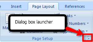 This graphic shows how to access the Page Layout dialog box using the Dialog box launcher.