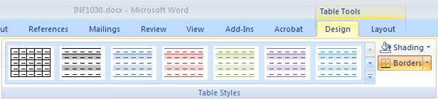 This graphic shows the Table Tools Design Tab on the ribbon