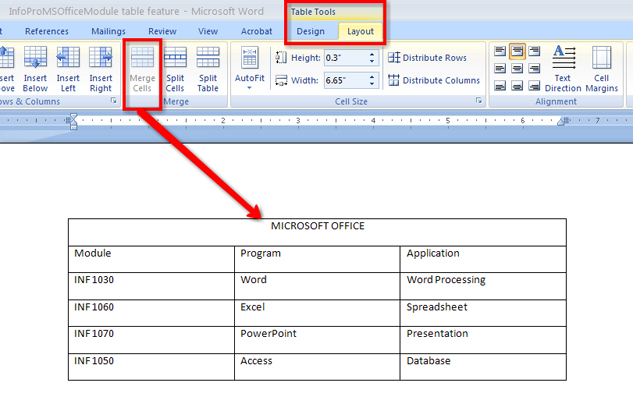 This graphic shows how to merge cells in a table.