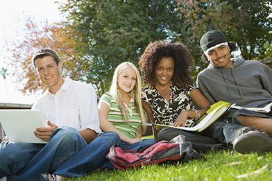 This photo shows four university-aged students studying together in a park.