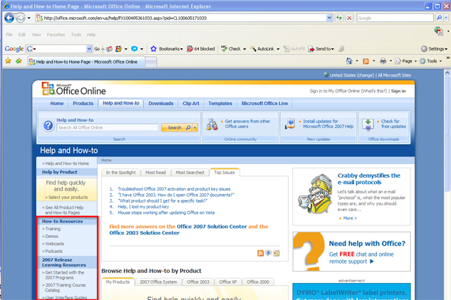 This graphic shows the Microsoft Office Online Help and How-to homepage and highlights important sections and links.