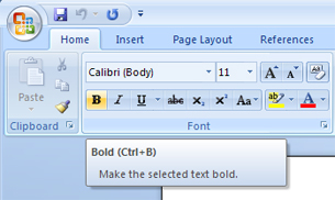 This graphic shows a computer mouse hovering over the B: bold command, showing pop-up textbox of command name, function, and keyboard shortcut.
