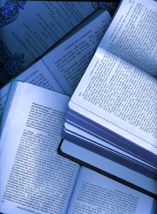 This photograph shows a stack of open books.