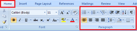 This graphic shows the paragraph group in the Home Tab on the Microsoft Word 2007 Ribbon.