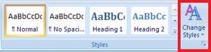 This graphic shows the Change Styles command in the Styles group in the Home tab in the Microsoft Word 2007 Ribbon.