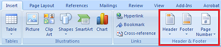This graphic shows the Header and Footer group in the Insert tab on the Microsoft Word 2007 Ribbon.  