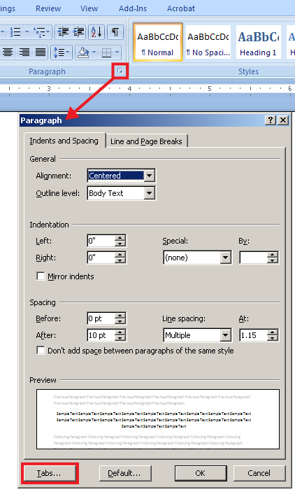 This graphic shows the paragraph dialog box with the tab button highlighted