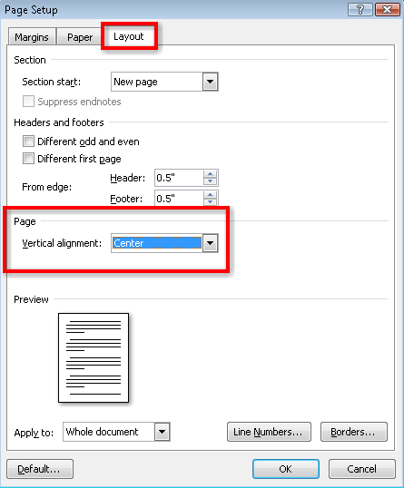 This graphic shows the Page Layout dialog box and Vertical Alignment under Page. 