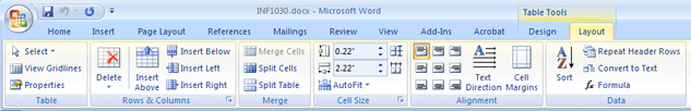 This graphic shows the Table Tools Layout tab in the Microsoft Word 2007 Ribbon.