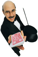 This is a photo of a magician holding a deck of cards.