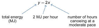 This is a graphic of the linear equation y = 2x, where y represents total megajoules and x represents the number of hours canoeing at a moderate pace.