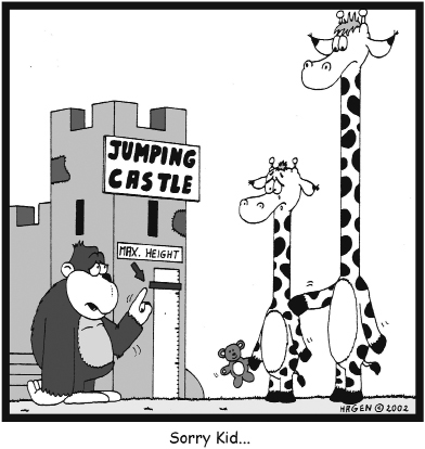 This is a cartoon showing an upset young giraffe with his mother consoling him and an ape pointing out that he is too tall to enter an amusement park ride. The caption “Sorry Kid . . .” appears below the cartoon.