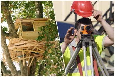 This photo collage shows a tree house and a surveyor using a surveyor’s tripod.