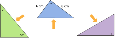 This graphic shows an illustration of three right triangles. Each right triangle has an arrow pointing to its hypotenuse.