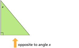 This graphic shows a right triangle with an arrow pointing to the bottom side, opposite angle x.