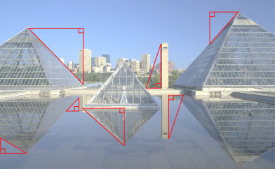 This shows a photo of the Muttart Gardens in Edmonton with right triangles drawn in the photo to show some possible lengths that could be calculated.