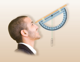This illustration shows a graphic of a man looking through a clinometer that is 30° above the horizontal. The string on the clinometer is passing through 120°.