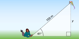 This graphic shows a kite on a 150-m long string at an angle of elevation of 41°.