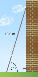 This graphic shows a 10.0-m ladder leaning against a wall. The ladder makes an angle of 73° with the ground.