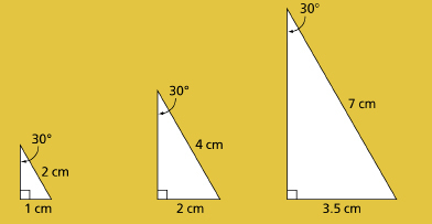 This graphic shows three right triangles of different sizes, each with a 30° angle. The hypotenuse and base of each triangle, in order from left to right, are 2 cm and 1 cm; 4 cm and 2 cm; 7 cm and 3.5 cm.