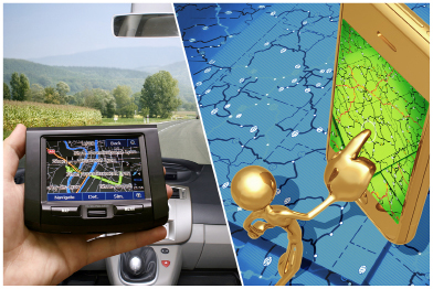 This collage shows an image of a GPS device inside an automobile and an illustration of a GPS mapping navigation system on a touch-screen cellphone.