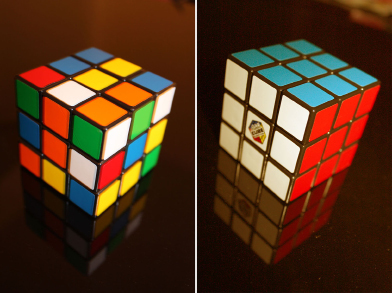 This shows two photos of the classic Rubik’s cube—one scrambled and the other solved.