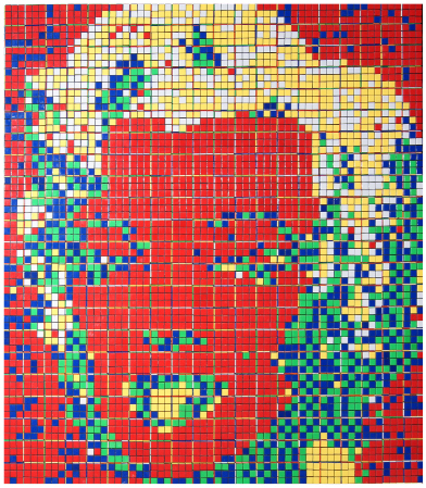 This shows a photo of a work of art comprised of more than 400 Rubik’s Cubes.