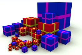 This shows a computer-created illustration of cube-shaped gift-wrapped boxes.