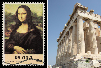 This shows a collage of an illustration of Leonardo da Vinci’s Mona Lisa on a postage stamp and a photo of the Parthenon in Athens.