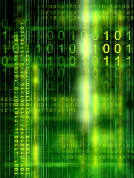 This shows a digital illustration of binary code streams in green on a black background.