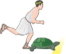 This shows an illustration of a man running behind a tortoise.