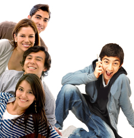 This is a photo collage of a teenage boy talking on a cellphone and four smiling friends.