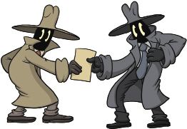 Two cartoon spies are seen in this illustration sharing an envelope between them.