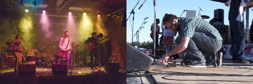 (left photo): This photograph shows a photo of the Alberta-based band Screwtape Lewis during a New Year’s Eve concert. (right photo): This photograph shows a member of a band’s crew setting up a stage for a concert.