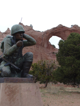 This shows a photo of the Navajo Code Talker monument in Window Rock, Arizona, USA.