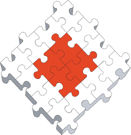 This shows an illustration of puzzle pieces assembled in the shape of a 4 × 4 square. A 2 × 2 square in the centre is coloured red.