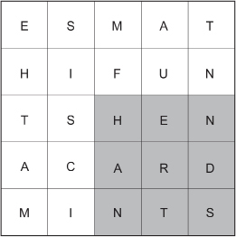 This shows a 5 × 5 grid with letters in every region.