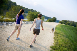 This photo shows two people walking a dog along a path by a river.