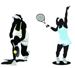 This shows an illustration of two female tennis players. The one on the left is attempting to return a tennis ball, and the woman on the right is preparing to serve.