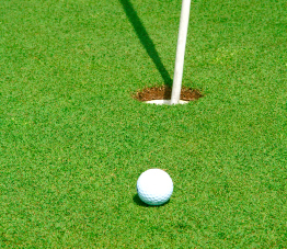 This is a photograph of a golf ball on the green near the hole.