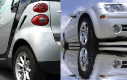 This photo collage shows a photo of a sub-compact car and a photo of a luxury car.