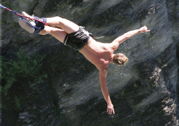 This shows a photo of a person swinging from a bungee cord.