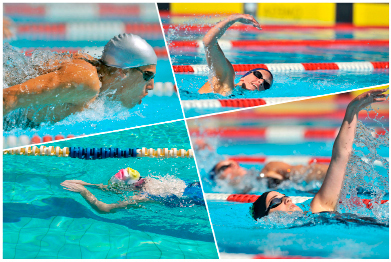 This shows a photo collage of the four different types of swimming strokes used in the 200-m individual medley event. From top left, proceeding clockwise, are the butterfly, freestyle, backstroke, and breaststroke.