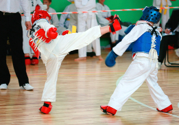 This shows a photo of two young boys competing in a tae kwon do match.