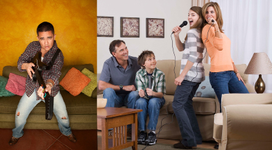 This shows a photo collage. A photo shows a man posing with a guitar game controller. A second photo shows a mother and daughter singing on microphones while the father and son look on.