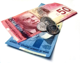 This shows a photo of Canadian money—a $50 bill, a $5 bill, and four quarters.