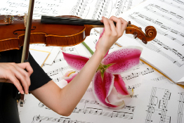 This shows a person playing the violin. Sheet music appears in the background.
