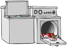 This shows an illustration of a washer and dryer. The dryer door is open revealing some colourful clothes within.